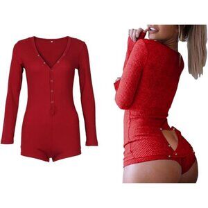 Women's Deep V Neck Long Sleeve Knitted Bodysuit Pajama Onesie Romper
